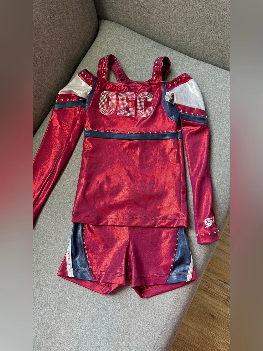 GK Elite OEC Cheerleading Uniform Set Child Large Red Metallic Rhinestone Cheer